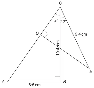 Triangle ABC with the right angle at B, AB = 6.5 cm, BC = 10.4 cm, angle ACB = x degrees. Triangle CDE with the right angle at D on AC, CE = 9.4 cm, angle BCE = 22 degrees