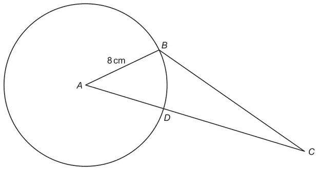 Circle with centre A; AB = 8 cm is a radius, B is on the circle, and the line AC crosses the circle at D, with C outside the circle; triangle ABC is drawn