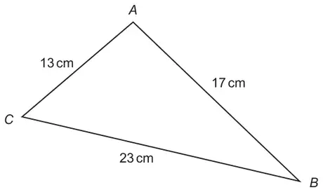 Triangle ABC with AC = 13 cm, AB = 17 cm and CB = 23 cm