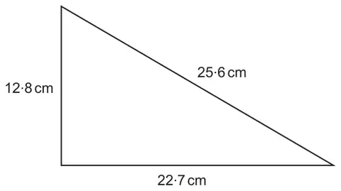 Triangle with a vertical side 12.8 cm, a horizontal side 22.7 cm and the longest side 25.6 cm
