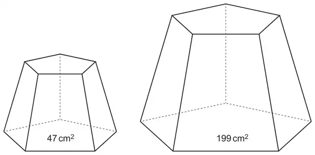 Two similar solids with pentagonal bases; the smaller has base area 47 cm squared and the larger has base area 199 cm squared