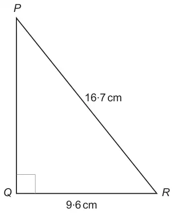 Right-angled triangle PQR with the right angle at Q, PR = 16.7 cm (hypotenuse) and QR = 9.6 cm