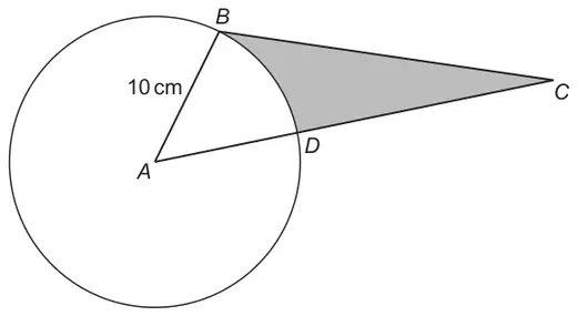 Circle with centre A and radius AB = 10 cm; triangle ABC with D where AC crosses the circle; the region between arc BD and the lines BC and DC is shaded