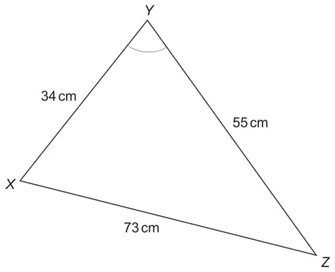 Triangle XYZ with XY = 34 cm, YZ = 55 cm and XZ = 73 cm; the angle at Y is marked