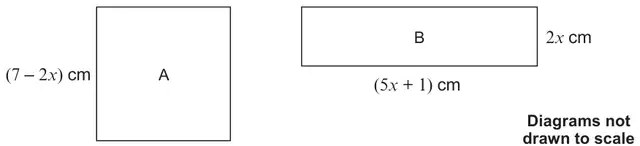Square A with side (7 - 2x) cm and rectangle B with length (5x + 1) cm and width 2x cm; diagrams not drawn to scale