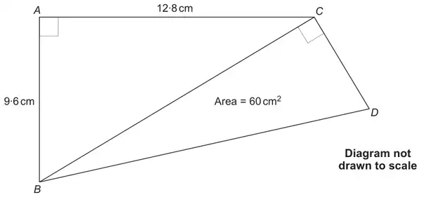 Right-angled triangle ABC with right angle at A, AC = 12.8 cm, AB = 9.6 cm, and triangle BCD with a right angle at C and area 60 cm squared