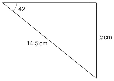 Right-angled triangle with hypotenuse 14.5 cm, an angle of 42 degrees, and side x cm opposite the 42 degree angle