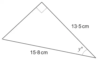 Right-angled triangle with hypotenuse 15.8 cm, side 13.5 cm adjacent to the angle y degrees