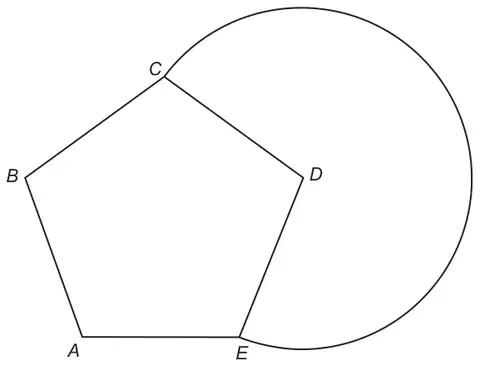 Regular pentagon ABCDE joined to a sector CDE with centre D; the sector's arc runs round the outside from C to E, so the sector angle at D is the reflex angle
