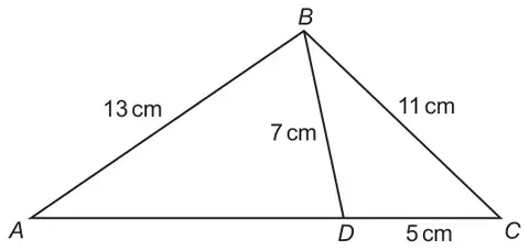 Triangle ABC with AB = 13 cm and BC = 11 cm; D lies on AC with BD = 7 cm and DC = 5 cm