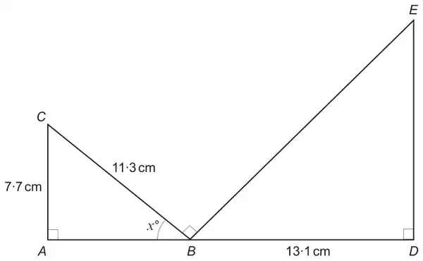 Right-angled triangle ABC with the right angle at A, AC = 7.7 cm, BC = 11.3 cm and angle ABC = x degrees; A, B and D lie on a straight line, angle CBE = 90 degrees, and right-angled triangle BDE has the right angle at D with BD = 13.1 cm