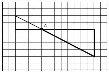 Answer: the image triangle on the other side of A, with a horizontal side 8 squares long from A to the right and a vertical side 4 squares down at its right end, the hypotenuse running from A