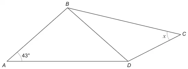 Quadrilateral ABCD with diagonal BD; angle BAD = 43° and angle x at C between CB and CD