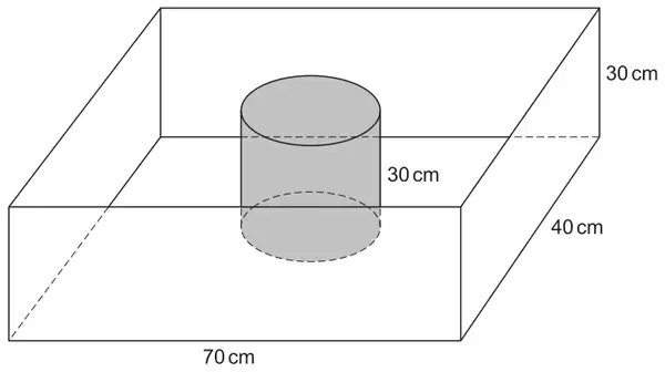 Open cuboid tank 70 cm long, 40 cm wide and 30 cm high, with a shaded cylinder of height 30 cm standing on its base inside
