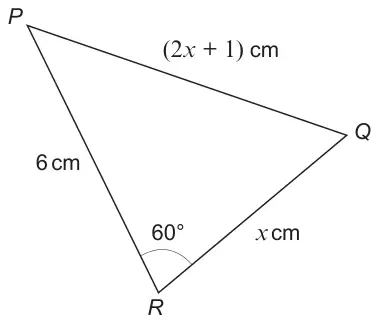 Triangle PQR with PQ = (2x + 1) cm, QR = x cm, PR = 6 cm and angle PRQ = 60°