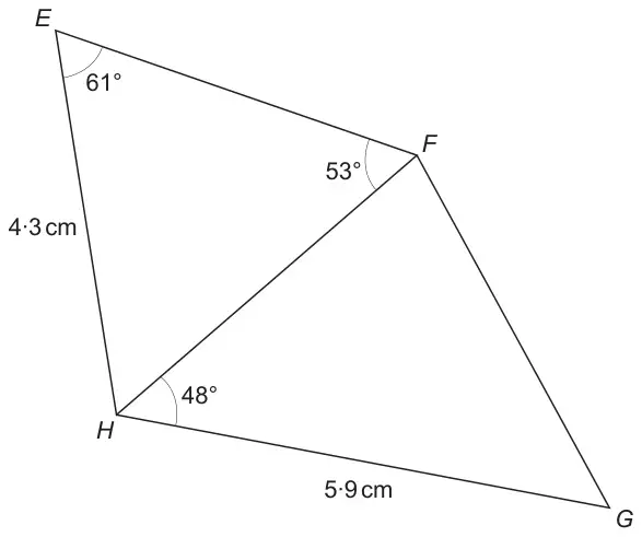 Quadrilateral EFGH with diagonal FH; EH = 4·3 cm, HG = 5·9 cm; angle FEH = 61°, angle EFH = 53°, angle FHG = 48°