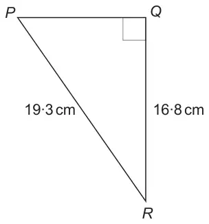 Right-angled triangle PQR with the right angle at Q; PR = 19·3 cm, QR = 16·8 cm