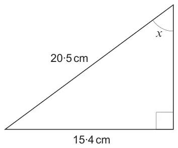 Right-angled triangle with hypotenuse 20·5 cm and horizontal side 15·4 cm; angle x is at the top vertex, opposite the 15·4 cm side