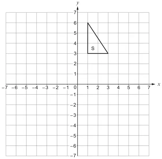 Coordinate grid with x and y from −7 to 7; triangle S has vertices (1, 3), (1, 6) and (3, 3)