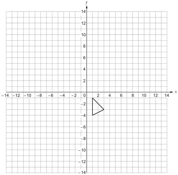 Coordinate grid with x and y from −14 to 14; triangle with vertices (1, −1), (1, −4) and (3, −3)