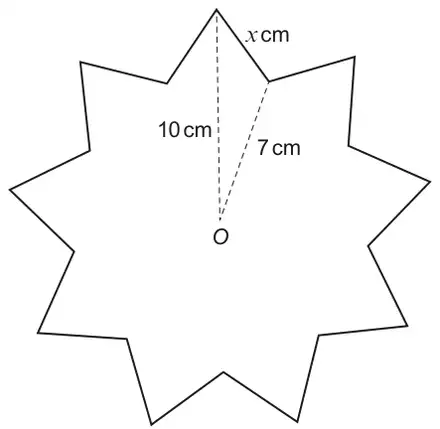 9-pointed star with centre O; dashed lines from O to an outer vertex (10 cm) and to the next inner vertex (7 cm); the side between them is x cm