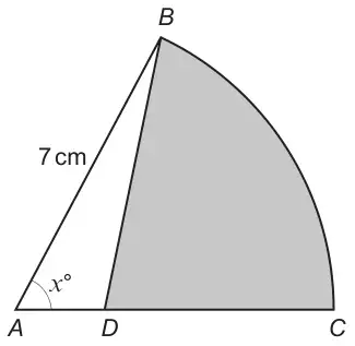 Sector ABC with centre A, radius AB = 7 cm and angle x degrees at A; D lies on AC and the region BCD between BD, DC and the arc BC is shaded