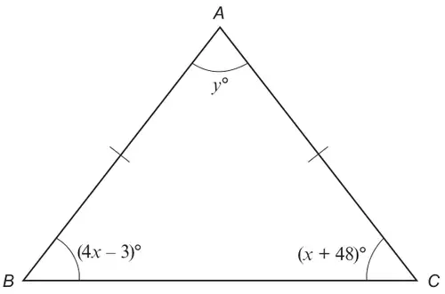 Isosceles triangle ABC with AB = AC marked equal; angle y degrees at A, angle (4x - 3) degrees at B and angle (x + 48) degrees at C