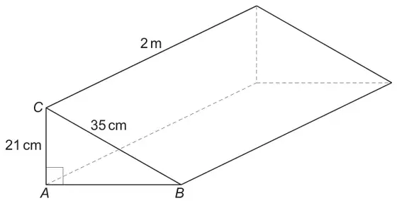 Triangular prism of length 2 m; triangular end ABC with a right angle at A, AC = 21 cm and BC = 35 cm