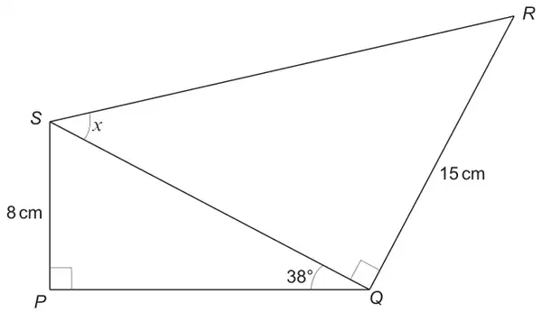Right-angled triangle SPQ with the right angle at P, PS = 8 cm and angle SQP = 38 degrees, joined along SQ to right-angled triangle SQR with the right angle at Q, QR = 15 cm and angle x at S
