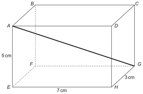 Cuboid ABCDEFGH with AE = 5 cm, EH = 7 cm, HG = 3 cm and the diagonal AG drawn