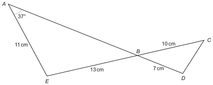 Lines AD and EC cross at B forming triangles ABE and BCD; AE = 11 cm, EB = 13 cm, BC = 10 cm, BD = 7 cm and angle EAB = 37 degrees