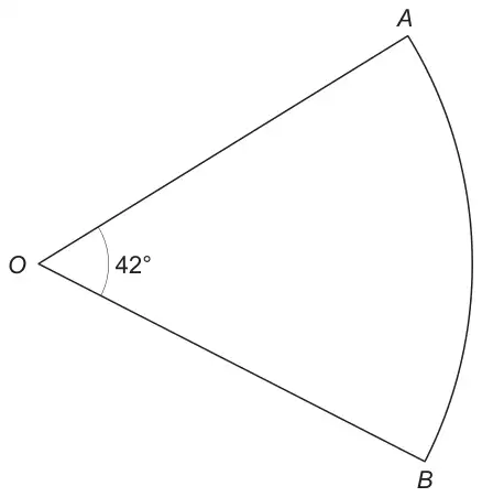 Sector OAB of a circle with centre O and angle 42 degrees at O