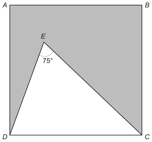 Square ABCD with triangle DEC inside it, E inside the square, angle DEC = 75 degrees; the region of the square outside the triangle is shaded