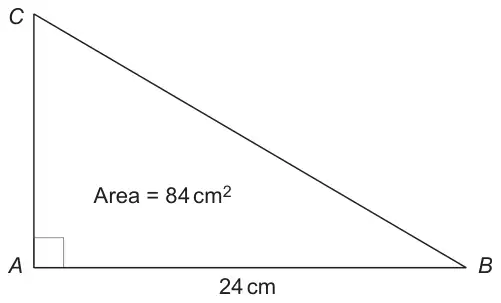 Right-angled triangle ABC with the right angle at A, AB = 24 cm and area 84 square cm