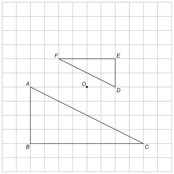 Square grid with large triangle ABC (A above B, BC horizontal) and smaller triangle DEF (F to the left of E, D below E), on the opposite side of the point O