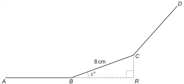Sides AB, BC and CD of the polygon; BC = 8 cm makes angle x° with BR, the continuation of AB; R is directly below C with a right angle at R