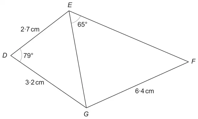 Quadrilateral DEFG with diagonal EG; DE = 2·7 cm, DG = 3·2 cm, angle D = 79°, GF = 6·4 cm, angle GEF = 65°