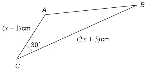 Triangle ABC with AC = (x − 1) cm, BC = (2x + 3) cm and angle C = 30°