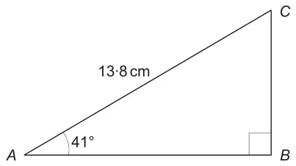Right-angled triangle ABC, right angle at B, AC = 13·8 cm, angle A = 41°