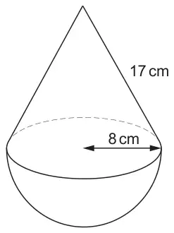 Cone on top of a hemisphere, cone slant height 17 cm, common radius 8 cm