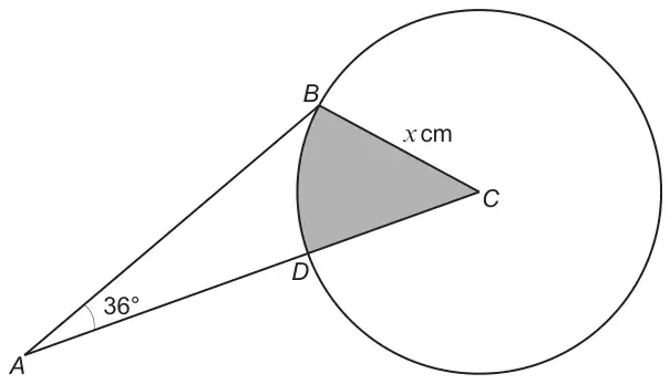 Triangle ABC with angle BAC = 36°; circle centre C through B, with D where AC meets the circle; radius CB = x cm; sector BCD shaded