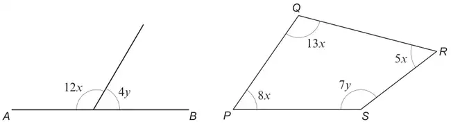 Straight line AB with angles 12x and 4y on it; quadrilateral PQRS with angles P = 8x, Q = 13x, R = 5x, S = 7y