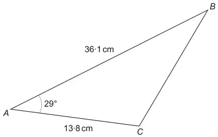 Triangle ABC with AB = 36.1 cm, AC = 13.8 cm and angle BAC = 29 degrees