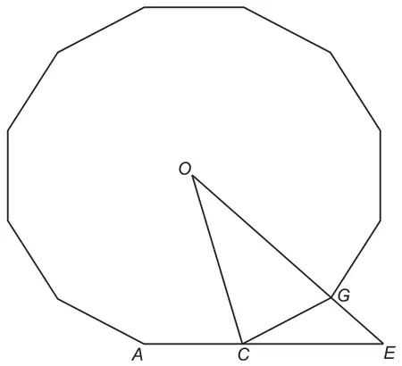 Regular 12-sided polygon with centre O; A, C and G are vertices, AC extended to E, OG extended to E, with lines OC and CG