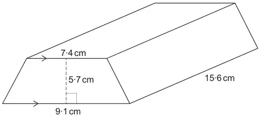 Prism with a trapezium cross-section: parallel sides 7.4 cm and 9.1 cm, height 5.7 cm, length 15.6 cm