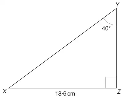 Right-angled triangle XYZ with the right angle at Z, XZ = 18.6 cm and angle XYZ = 40 degrees