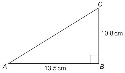 Right-angled triangle ABC with the right angle at B; AB = 13·5 cm, BC = 10·8 cm