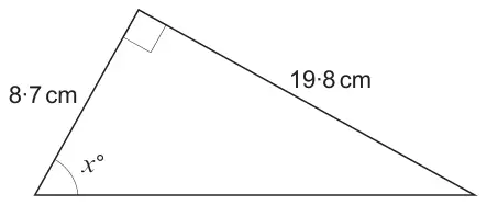 Right-angled triangle with sides 8·7 cm and 19·8 cm meeting at the right angle; angle x° is between the 8·7 cm side and the hypotenuse