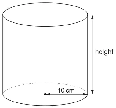 Cylinder with radius 10 cm marked on the base and its height marked with an arrow