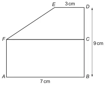 Rectangle ABCF with AB = 7 cm at the bottom; trapezium CDEF on top with ED = 3 cm parallel to FC; BD = 9 cm is the straight line B, C, D